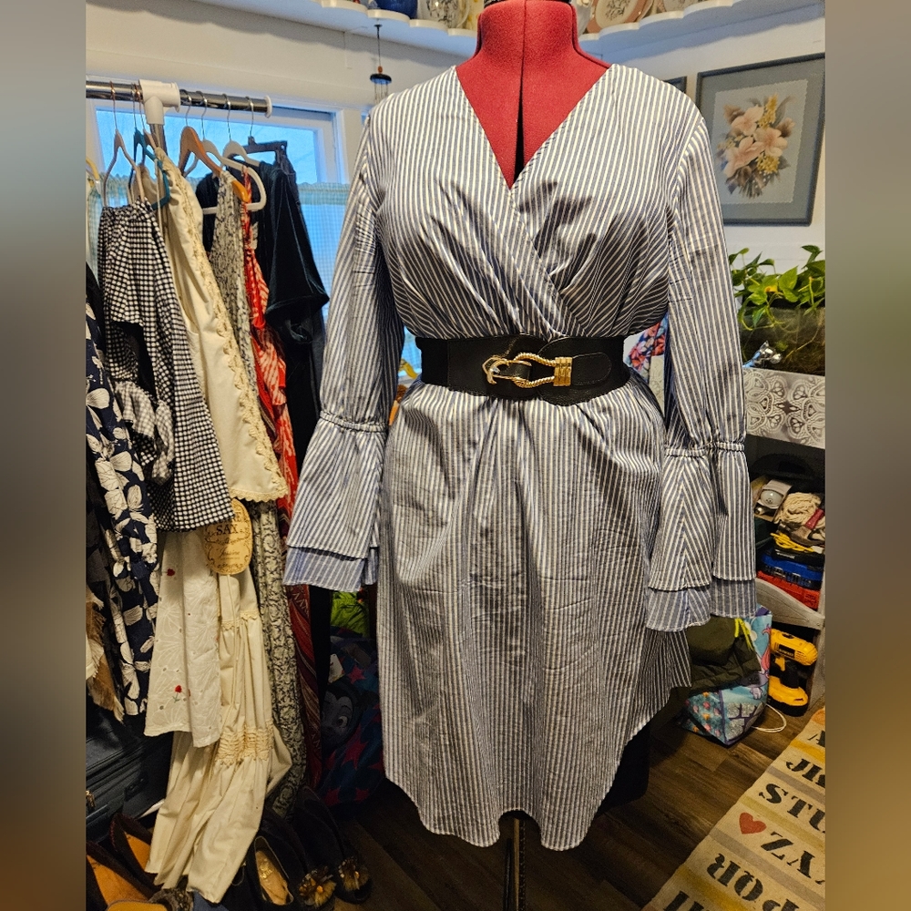 Bell-sleeve Striped Shirt Dress